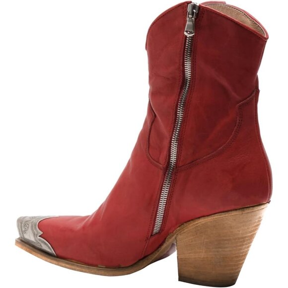 Women's Red Faux Leather Steel Toe Side Zipper Block Heel Western Ankle Boots - Picture 2 of 7